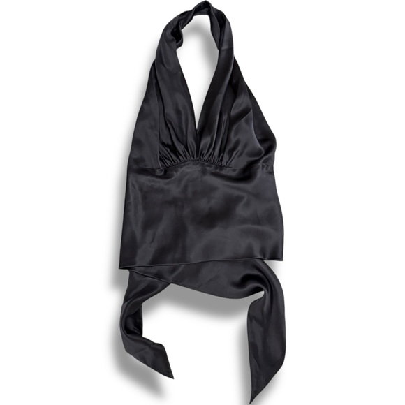 Blair Delmonico Tops - Y2K Silk Halter Top Tie Back Sleeveless Black Open‎ Back Party Cocktail Sexy O/S